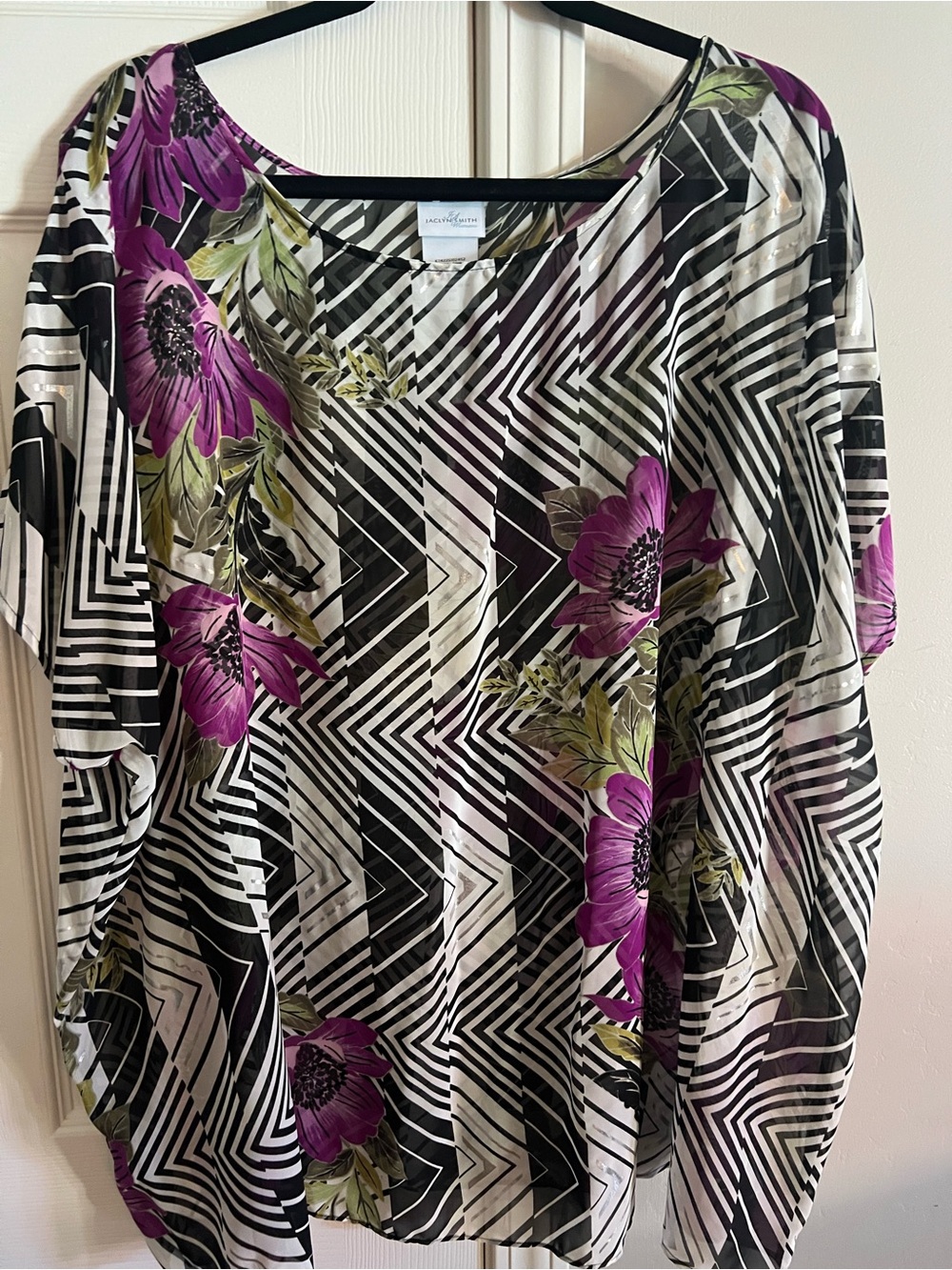 Jaclyn Smith 2X Sheer Floral Geometric Blouse Purple Black White Boho OverlayTop